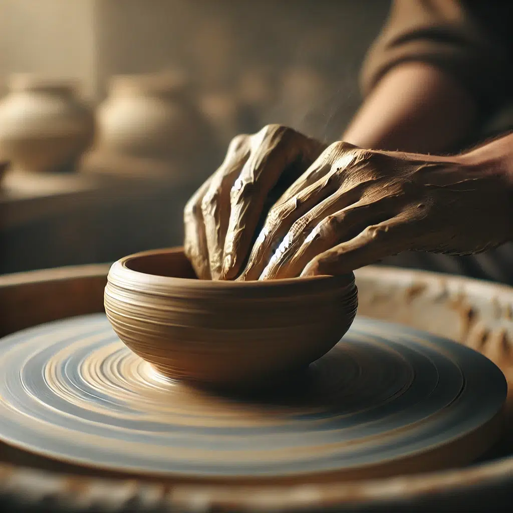DALL·E 2025-08-12 13.41.19 - A realistic photograph in 4_3 aspect ratio, soft natural lighting, close-up of a simple clay bowl forming slowly on a pottery wheel, with no hands vis