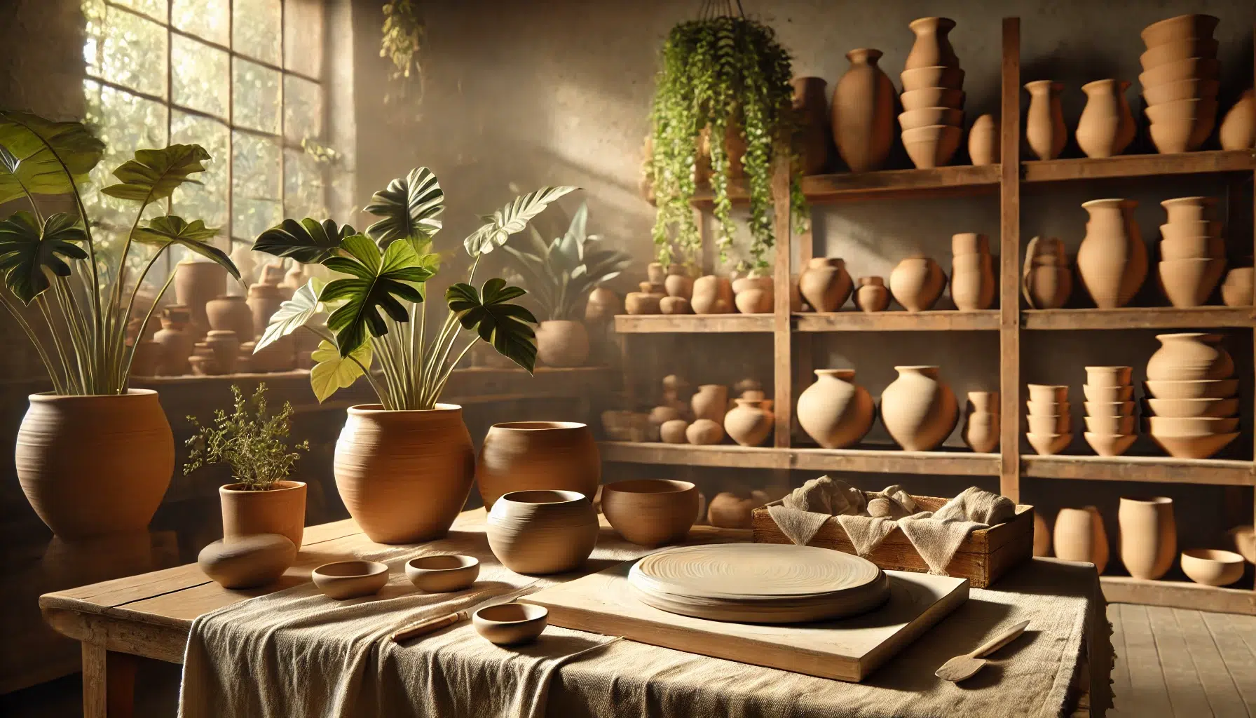 DALL·E 2025-08-12 14.09.54 - A realistic photograph in 16_9 ratio of a serene pottery workshop bathed in golden hour light. Smooth clay pieces are arranged on a linen-covered tabl