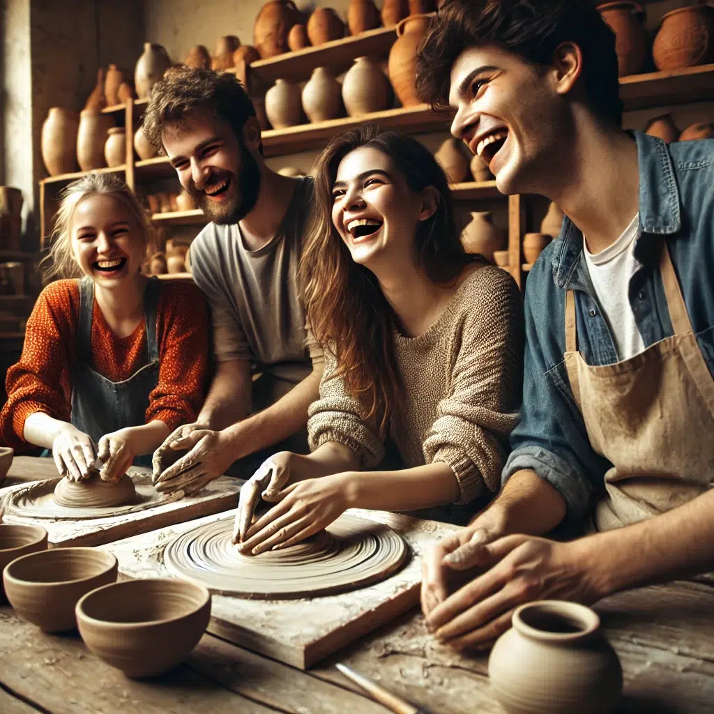 DALL·E 2025-08-12 17.44.28 - A realistic photograph in 4_3 aspect ratio, natural warm lighting, showing a group of friends laughing together around a wooden table, shaping clay wi