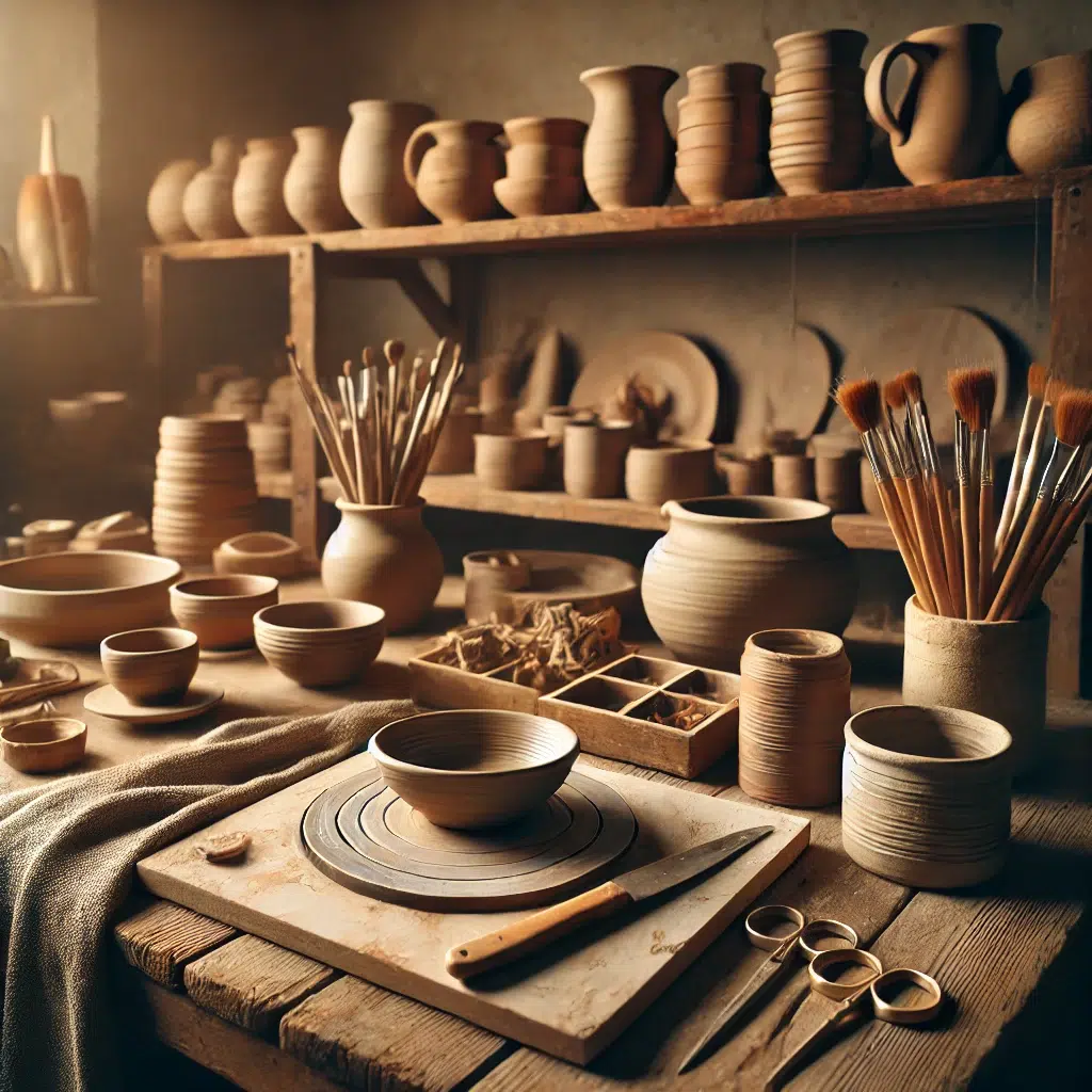 DALL·E 2025-08-12 19.33.19 - A realistic photograph in 4_3 aspect ratio, soft warm lighting, showing a cozy pottery studio with clay tools neatly arranged on a wooden workbench. H