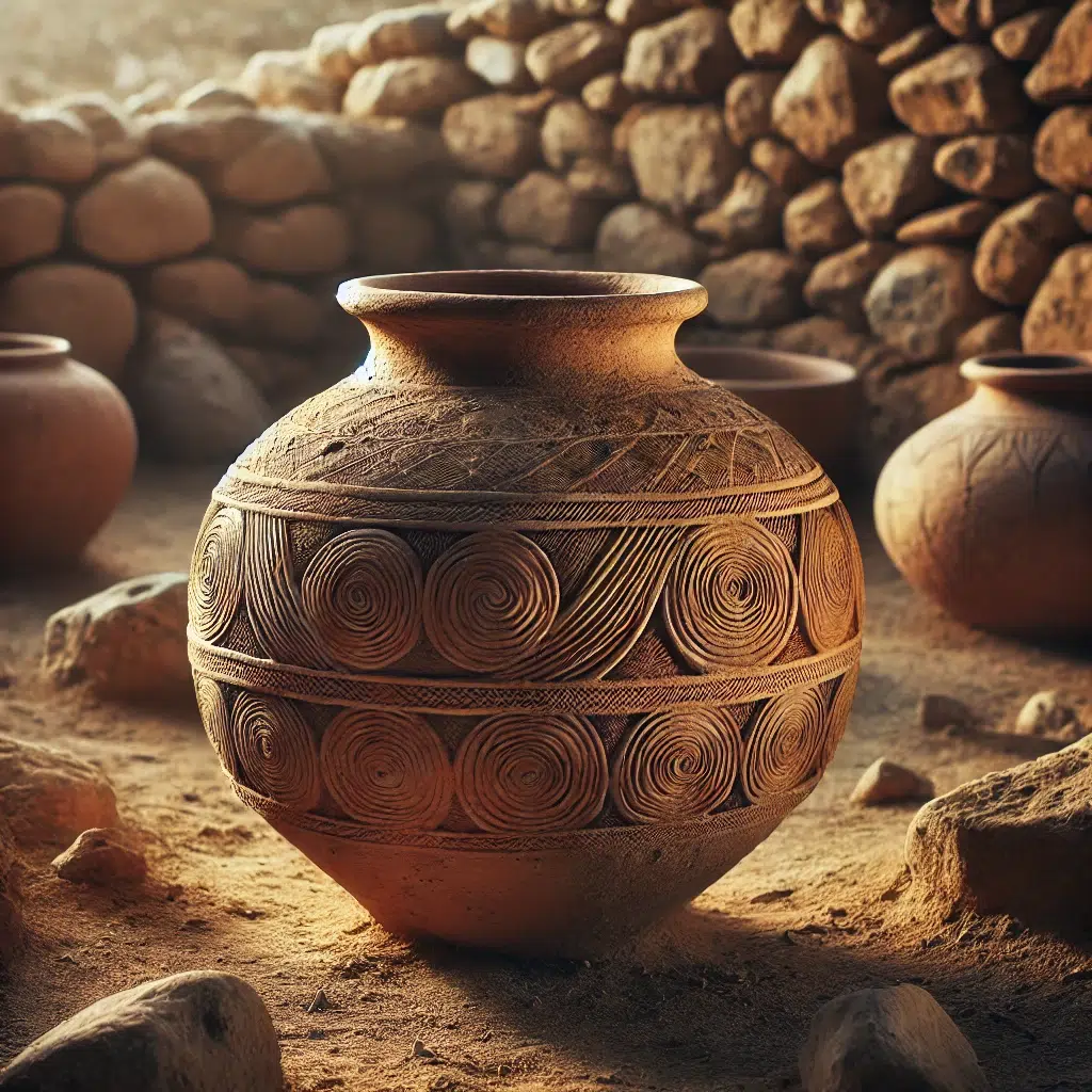 DALL·E 2025-08-18 18.19.39 - Prehistoric Iberian hand-built clay vessels, made without a wheel, with incised decorations. The pottery is displayed in an archaeological site settin