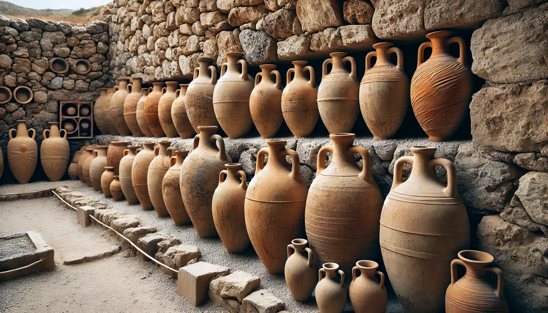 DALL·E 2025-08-18 18.32.23 - Roman amphorae aligned against a stone wall in an archaeological site. The vessels are arranged in rows, showing variations in size and shape, with ea