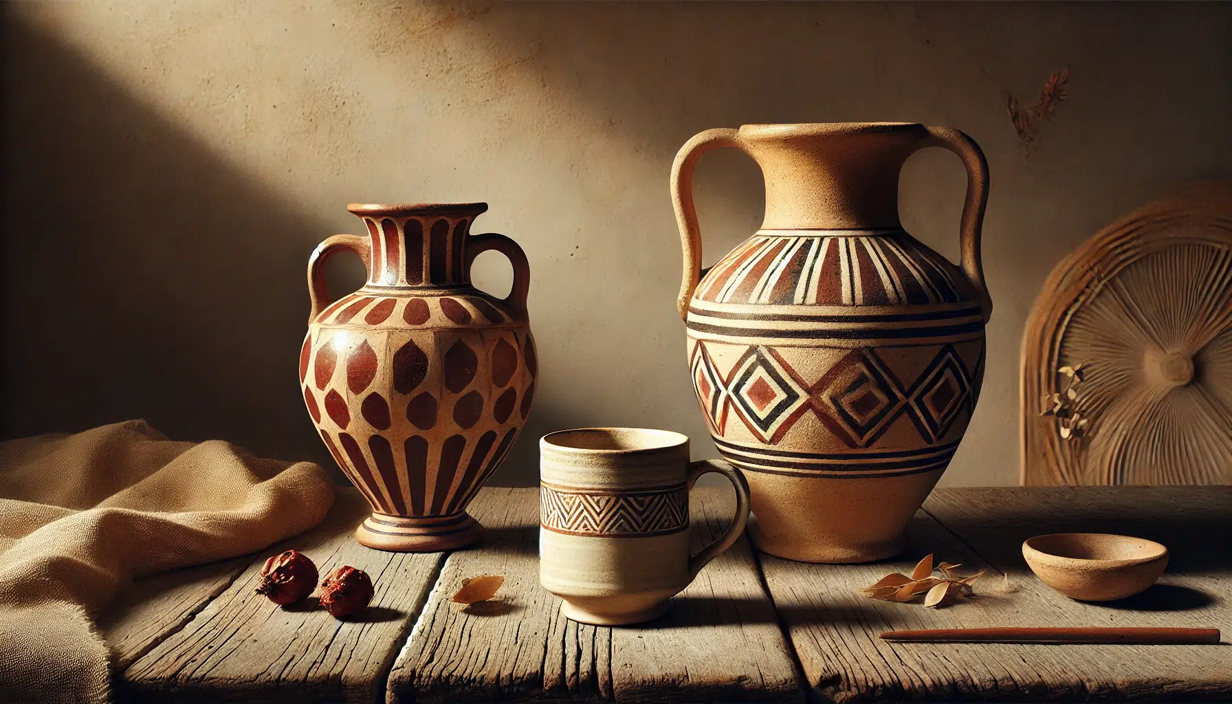DALL·E 2025-08-20 15.26.32 - Editorial still-life composition on a rustic aged wooden table, featuring three objects arranged side by side_ an Iberian urn with painted geometric m