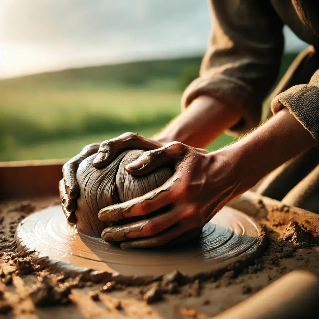 DALL·E 2025-08-22 13.07.01 - A close-up photograph of hands kneading wet clay outdoors, under natural daylight as if in the countryside. The clay’s earthy texture glistens in the