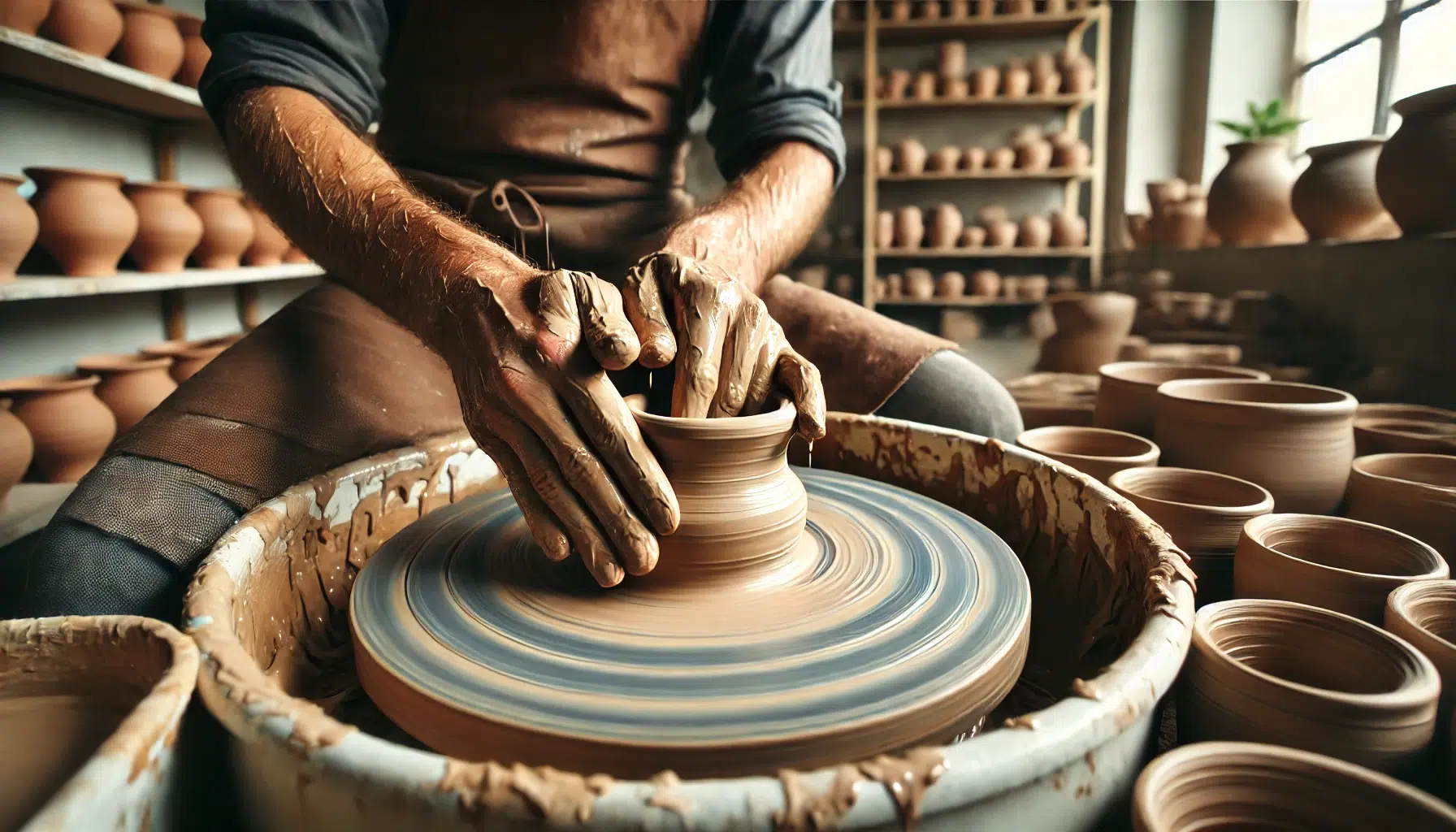 DALL·E 2025-08-25 00.39.22 - A realistic close-up 16_9 photograph under natural light. A pair of hands, wet with slip, are centering clay on a spinning pottery wheel. Small water