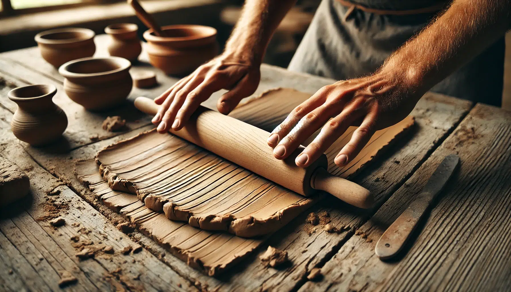DALL·E 2025-08-25 00.47.29 - A realistic close-up 16_9 photograph. A person’s hands are using a wooden rolling pin to flatten clay on a rustic wooden table. The clay surface shows
